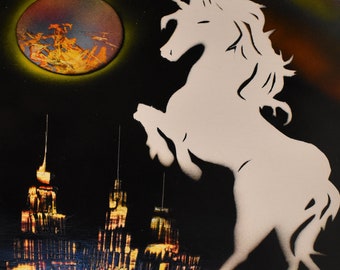 vintage air brush painting of unicorn and moon