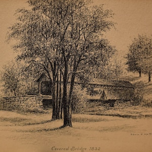 May include: A black and white pen and ink drawing of a covered bridge in a rural setting. The bridge is surrounded by trees and a stone wall. The drawing is signed "Edwin D. Matti, Jr."