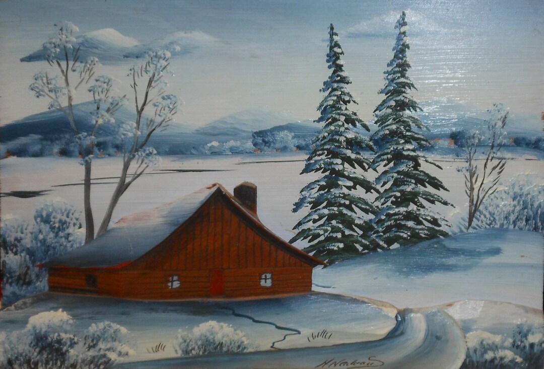 Vintage Winter Cabin in Forest Carved Wood Oil Painting of North ...
