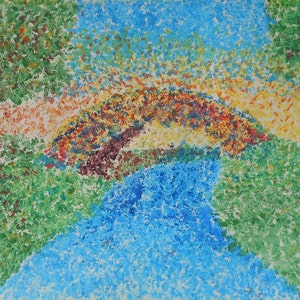 vintage watercolor gouache bridge over river scene
