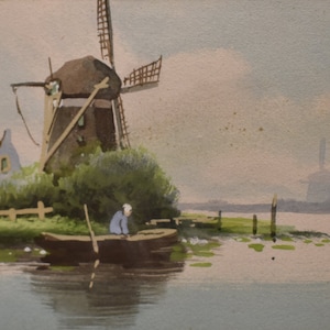 vintage boater wind mill   holland  watercolor of woman in boat houses