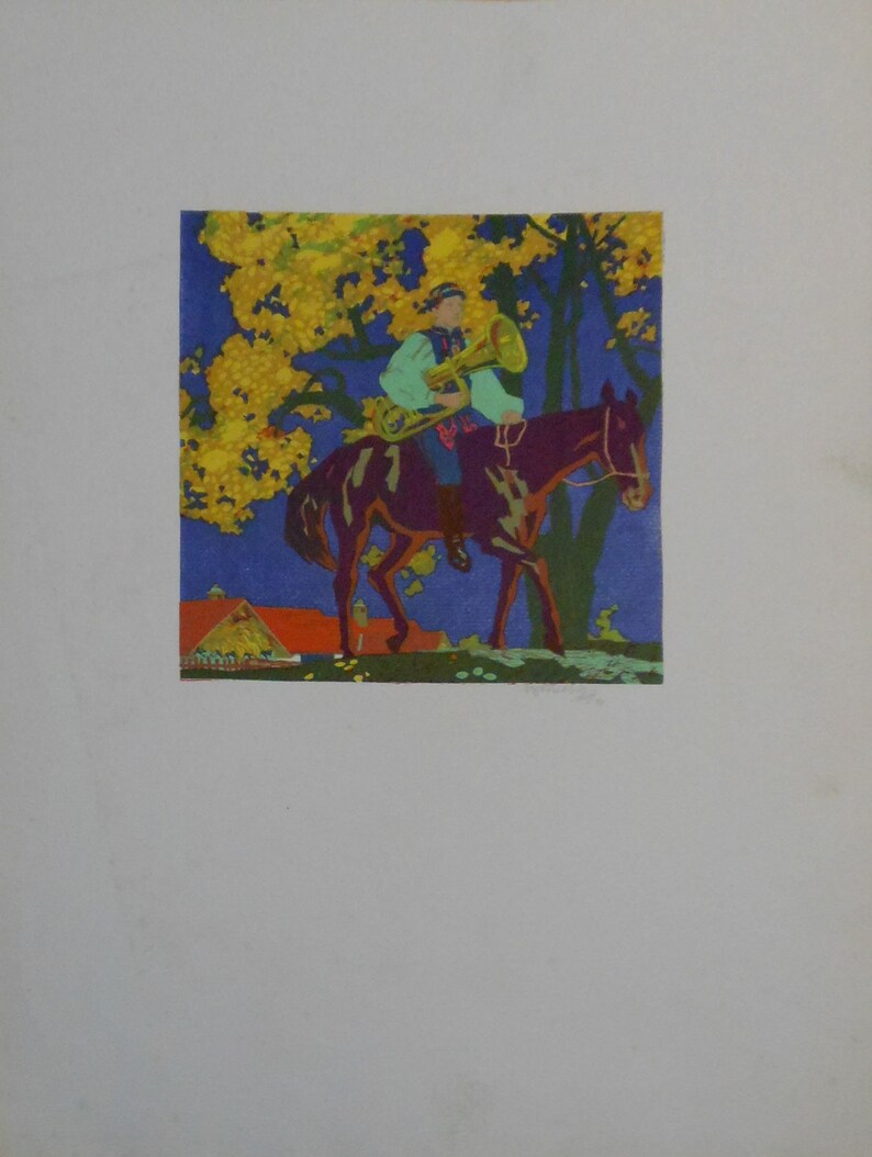 vintage color wood block horse and rider 1944 signed