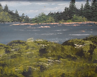 vintage oil painting Maine sea coast trees
