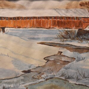 vintage   red  covered  bridge watercolor winter stream trees artist Levitt signed