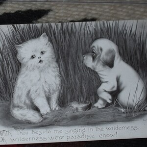 May include: Black and white illustration of a white cat and a brown puppy sitting in tall grass. The cat is looking at the puppy, and the puppy is looking away. The text "With Thou beside me singing in the wilderness. Oh wilderness were paradise enow!" is printed below the image.