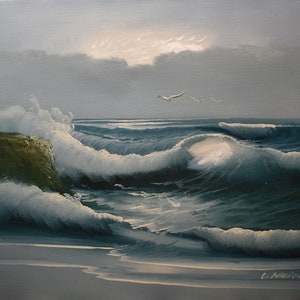vintage sea oil  painting of  blue waves  sunset white caps  artist  signed
