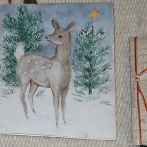 vintage   art watercolor  greeting cards little deer house winter hills snow old white house