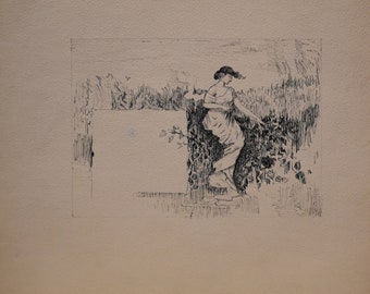 vintage woman  ink   drawing   of   woman picking flowers