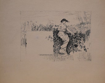 vintage ink  drawing of Victorian    woman picking flowers