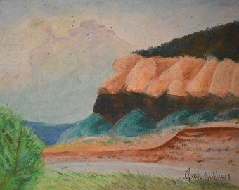vintage landscape painting of cliff hills clouds signed