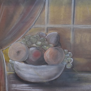 vintage     pastel bowl of fruit on window sill     signed