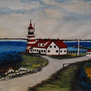 vintage    watercolor     quoddy head light house signed artist jean jones