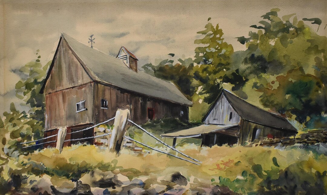 Vintage Watercolor of Old Barns on Hill With Weathervane - Etsy