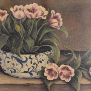 vintage  color     lithograph print  of tulips in blue white vase