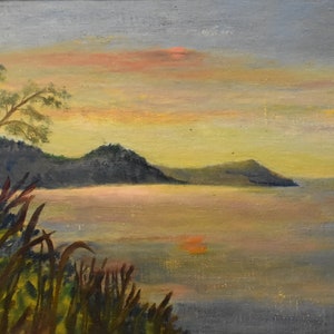 vintage  Maine  sunset  oil painting of ocean sunset hills trees water
