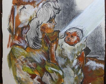 vintage  mother and child       watercolor drawing