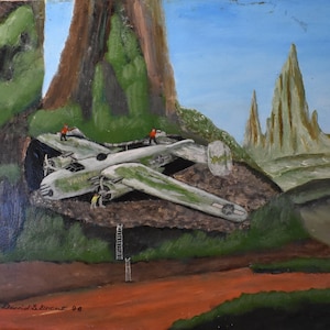 vintage   abstract   oil painting of Yankee airplane landed on mountain ledge  artist signed