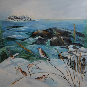 vintage    winter corea   Maine oil painting birds rocks sea down-east  area  signed