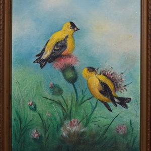 vintage     yellow birds   oil painting on branch  finches on thistle