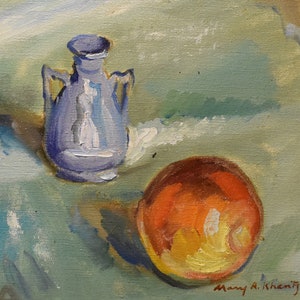 vintage     oil painting of blue vase  fruit  signed