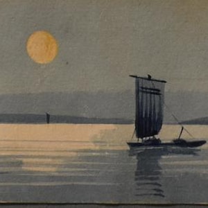vintage Japanese sunset  art watercolor boats sunset artist signed