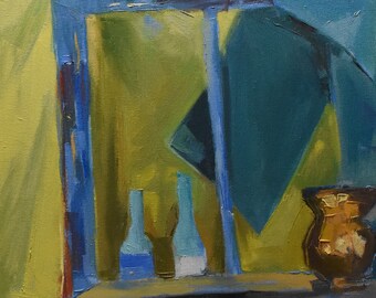 vintage   oil painting of two bottles and vase on window sill signed