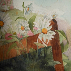 vintage daisy's art watercolor of garden white daisies and other garden flowers image 2