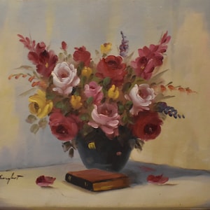 vintage red pink roses    oil painting of roses in vase with book signed