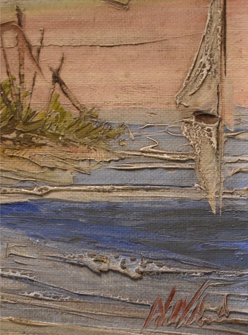 Vintage Sea Shore Oil Painting Sea Coast of Sea Gulls Sail Boat Old