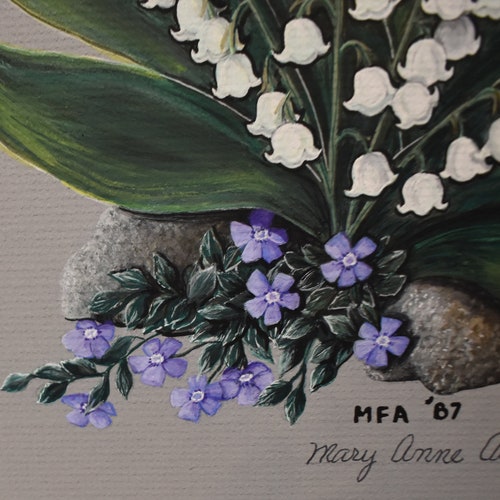 Vintage shops art of wildflowers art two purple white flowers watercolor of flowers lily of the valley forget-me-nots pink lady sleeper signed