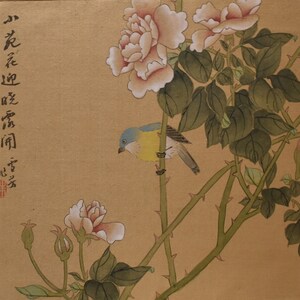 vintage  Asian  painting  pink roses flowers    blue fly catcher on rose branch signed