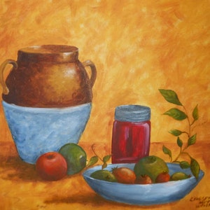 vintage mason jar  oil painting of  fruit bean pot   fruit jar blue jug signed