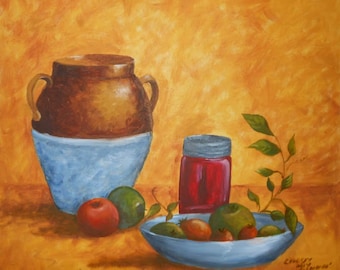 vintage still life   oil painting of  fruit bean pot   fruit jar blue jug artist signed