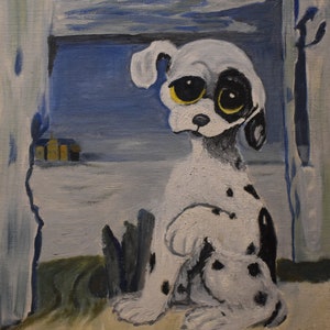vintage  dog    oil  painting     Dalmatian dog sitting
