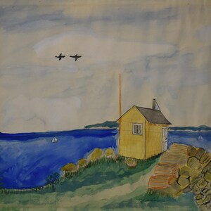 vintage watercolor of lobster traps and building signed