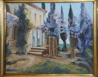 vintage  purple wisteria flowers  oil    painting   classical  building  trees
