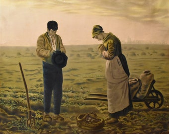 vintage  the angelus artist  Jean-François Millet  of farmers in field color lithograph ca 1870