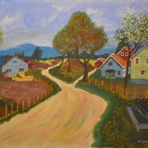 vintage   Finland oil painting landscape hills houses titled may in  Finland signed