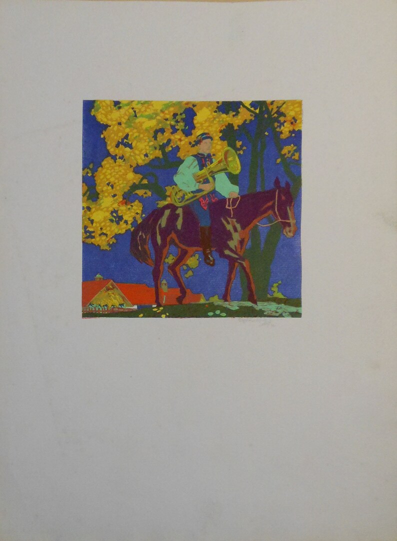 vintage color wood block horse and rider 1944 signed