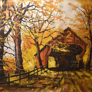 vintage  oil   painting   red covered bridge with trees old road fall signed
