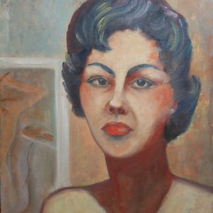 vintage      deco   oil  painting  woman with picture