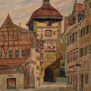 vintage  clock tower  watercolor of clock tower in old town square signed
