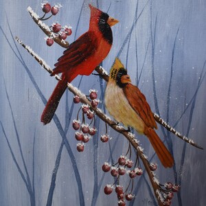 vintage oil painting of male female cardinals on branch artist signed