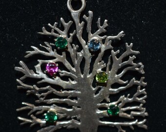 vintage      silver    tree pin sterling  silver pendent with color stones with silver chain
