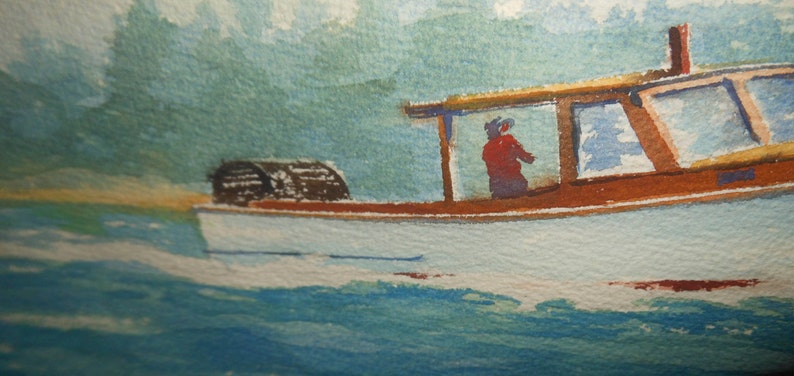 Vintage watercolor lobster boat fishing coast of maine signed Etsy