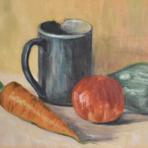 vintage    oil  painting of  apple pepper  carrot and cup
