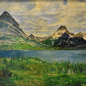 vintage   western  oil painting of Rocky Mountains North Cascades lake snow trees signed