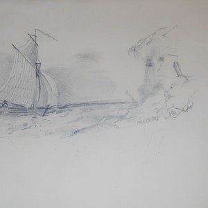 vintage   19 t h  century   drawing of sail boat sea light house cliffs