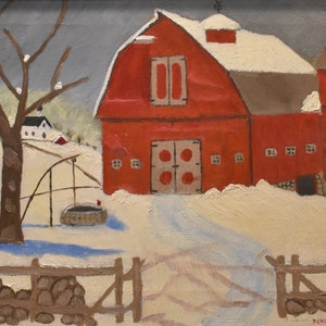 vintage   folk art  oil painting of red barn with silo farm winter and well signed
