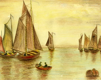 Vintage  painting watercolor of  harbor boats   people in dory marine painting boats in harbor